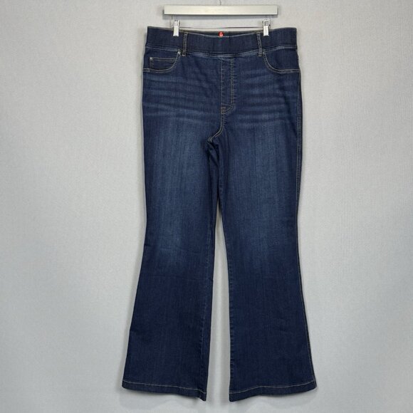 Spanx Jeans Women 2X Blue Flare Pull On High Rise Stretch Dark Wash Denim 20327R - Picture 1 of 12